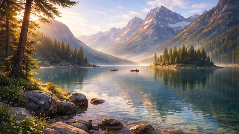 雪を頂いた山々に囲まれた静かな湖が朝の光に照らされ、澄んだ水面に山影と薄い霧が映り込み、岸辺には丸い岩と草花、遠くには針葉樹の森が広がる風景