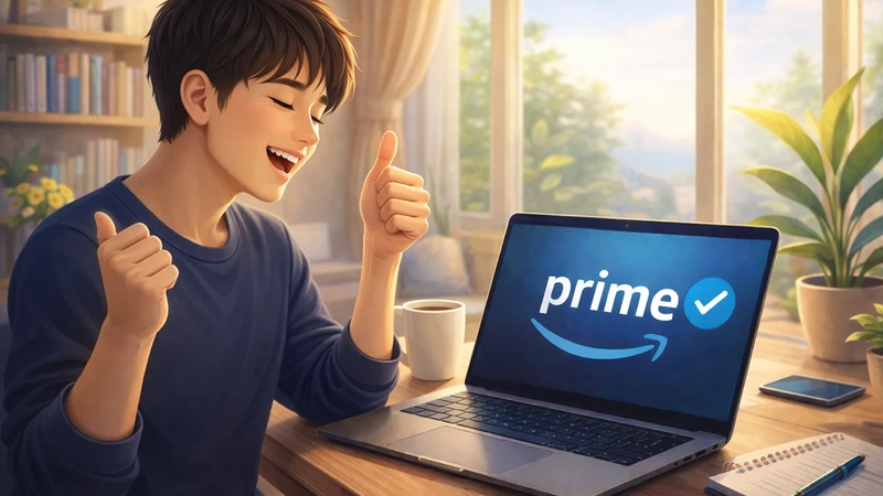 朝の光が差し込む部屋の木製デスクで若い日本人男性が両手を握って喜び、ノートPCにAmazonプライムの登録完了を示す画面が表示されていて、横にマグカップとノートと観葉植物が置かれている様子
