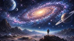 岩だらけの荒涼とした惑星の地表に宇宙飛行士が立ち、頭上には渦を巻く銀河の中心の光と紫青の星雲が広がり、左に青い地球のような惑星と小さな衛星、右に輪を持つ巨大なガス惑星が浮かぶ星空
