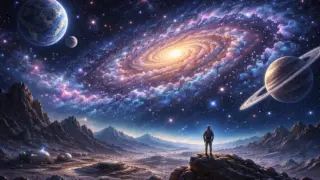 岩だらけの荒涼とした惑星の地表に宇宙飛行士が立ち、頭上には渦を巻く銀河の中心の光と紫青の星雲が広がり、左に青い地球のような惑星と小さな衛星、右に輪を持つ巨大なガス惑星が浮かぶ星空