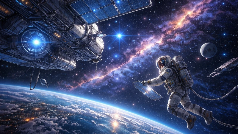 地球の青い曲線と夜側の街明かりが広がる軌道上で、巨大な宇宙船の機体とソーラーパネルのそばを宇宙飛行士が漂い、背後には紫青の星雲と無数の星、小さな月が浮かぶ宇宙空間