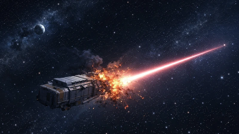 宇宙空間の星々と淡い銀河を背景に、遠方から伸びる細いビームが貨物輸送船の後部に直撃し、機体の一部が炎と破片を散らして爆発している遠景の場面