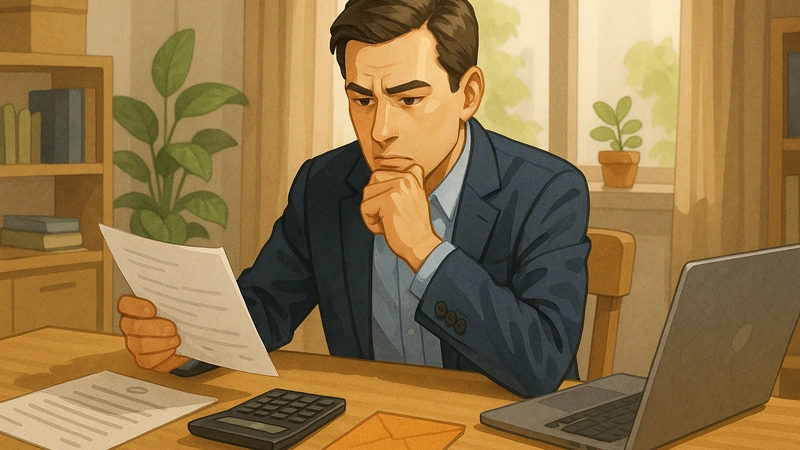 自宅の書斎らしい明るい部屋で、スーツ姿の中年男性がノートパソコンと電卓、オレンジ色の封筒や書類が置かれた木のデスクに向かい、退職前の生活設計や退職金の金額を真剣な表情で確認している様子のイラストです。