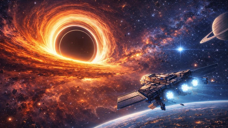 燃えるように輝く降着円盤が渦を巻く巨大なブラックホールの縁へ、青白い噴射光を放つ未来的な宇宙船が向かい、周囲には星屑とガス雲が漂い、遠くに環のある惑星と地平線のような惑星の縁が見える宇宙空間