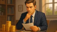 スーツ姿の中年男性がオフィスの木製デスクで書類を見つめながら、横に並んだコインの山と電卓、ノートパソコンに囲まれて退職金について真剣に考えている様子のイラストです。