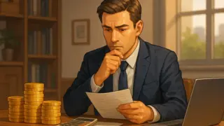 スーツ姿の中年男性がオフィスの木製デスクで書類を見つめながら、横に並んだコインの山と電卓、ノートパソコンに囲まれて退職金について真剣に考えている様子のイラストです。