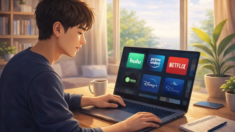 朝の光が差し込むリビングの木のデスクで、若い日本人男性がノートPCを操作し、配信サービスの候補が並ぶ画面を見比べながら動画サブスクを探している様子、横に白いマグカップとスマホ、手前にメモ帳とペン、背景に本棚と観葉植物がある落ち着いた室内シーン