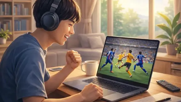明るいリビングの木目テーブルで、ヘッドフォンを付けた若い日本人男性がノートパソコンのサッカー中継に身を乗り出して見入り、横にマグカップやリモコンが置かれ、窓から柔らかな日差しが差し込む様子