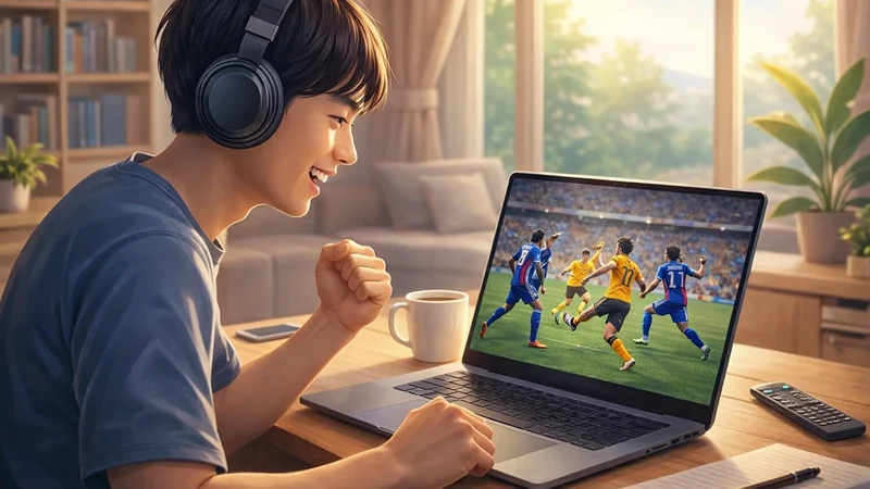 明るいリビングの木目テーブルで、ヘッドフォンを付けた若い日本人男性がノートパソコンのサッカー中継に身を乗り出して見入り、横にマグカップやリモコンが置かれ、窓から柔らかな日差しが差し込む様子