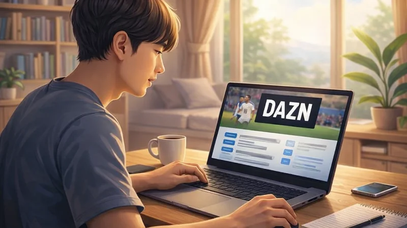 夕方の柔らかい日差しが差し込むリビングの木のデスクで、若い日本人男性がノートパソコンのDAZNの料金プラン画面を見ながら調べ物をしている様子で、横にコーヒーカップとスマホとメモ帳が置かれ、背景に本棚と観葉植物とソファが見える