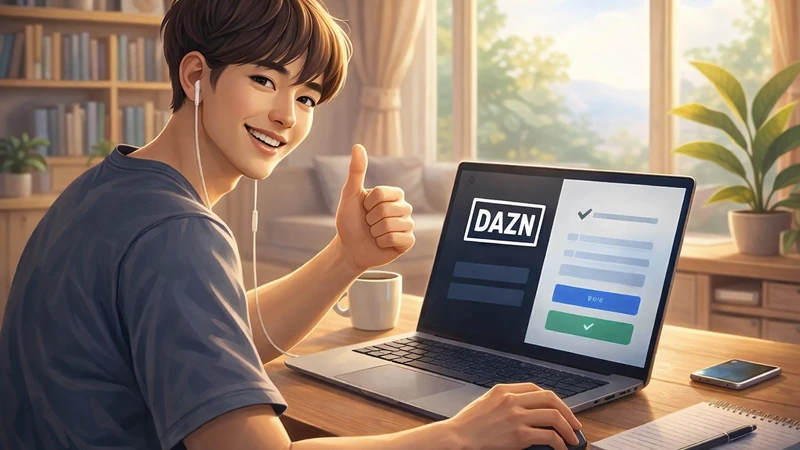 朝のやわらかい日差しが差し込むリビングの木目デスクで、若い日本人男性がノートパソコンのDAZN登録画面を見ながら親指を立てて笑い、背後に本棚と観葉植物、窓の外に緑がぼんやり見える様子