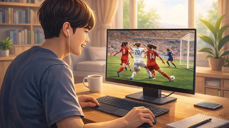 夕方のやわらかな日差しが差し込むリビングで、木のデスクに座った若い男性がデスクトップPCのモニターで女子サッカーの試合中継を食い入るように見ており、手元にはキーボードとマウス、コーヒーカップとスマホ、ノートが置かれている様子