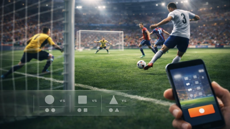 ナイターの満員スタジアムでゴール前の決定機、選手がシュートへ踏み込む瞬間に手元のスマホの抽象的な購入ボタンと勝敗マーカーが重なるイメージ