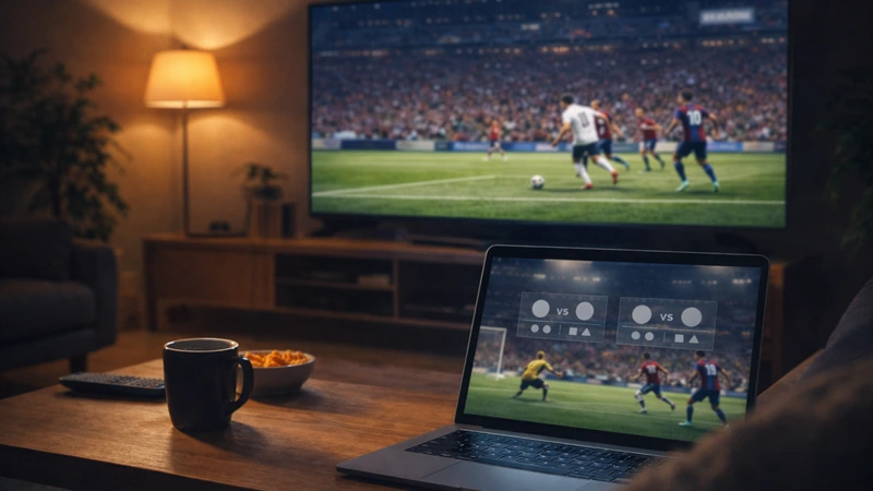 夜のリビングでサッカー中継を映すテレビの前、テーブル上のノートPCにスポーツくじの試合カード選択画面が表示されている光景