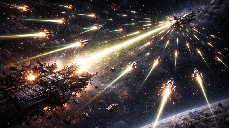 暗い宇宙空間の星々と薄い星雲を背景に、遠目の視点で無数のファンネルが散開して淡い黄緑のビームを一斉に発射し、左手前には破壊されて黒く焦げた宇宙戦艦の残骸が漂い周囲に爆発の閃光と細かな破片が広がる光景