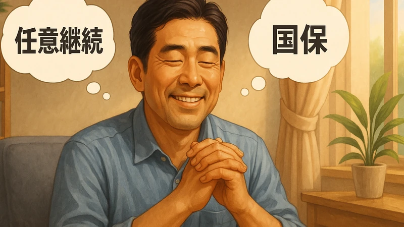 日差しの入る部屋でイケメンの中年日本人男性が両手を組んで安堵した表情を浮かべ、吹き出しに「任意継続」と「国保」の文字が並び、横にカーテンのかかった窓と観葉植物が見えるリアル寄りのデジタルイラスト