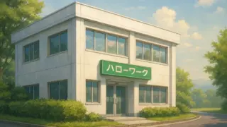 晴れた日に緑に囲まれた場所に立つ2階建ての白いハローワークの建物を少し離れた位置から見た場面