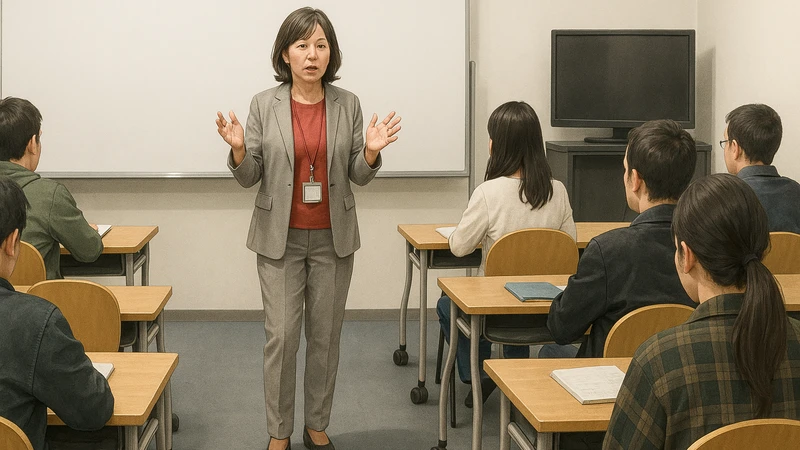 ハローワークの就職支援セミナーで、中年の女性講師がホワイトボードを背に教室前方に立ち、私服の受講者たちに向けて講義している様子