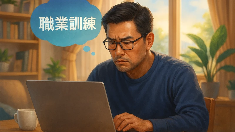 自宅のリビングで中年の男性がノートパソコンを真剣な表情で見つめ、頭の上に「職業訓練」と書かれた青い吹き出しが浮かんでいる様子