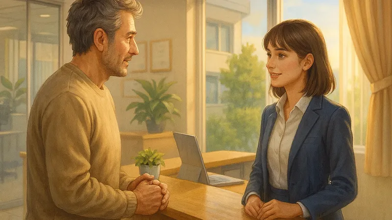 明るいオフィスの受付カウンターで私服の中年男性が若い女性職員と向かい合って立ち、穏やかに会話している様子