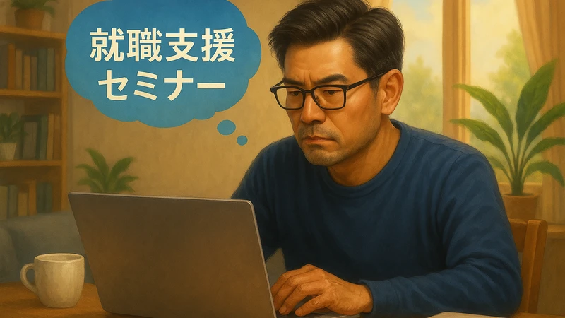 自宅のテーブルでノートパソコンに向かう中年男性が、頭の横に「就職支援セミナー」と書かれた青い吹き出しを思い浮かべて真剣な表情で画面を見つめている様子