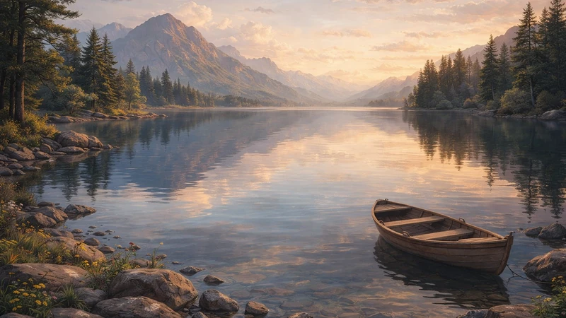 朝焼けの淡い光が差し込む静かな湖畔で、遠くに連なる山々と針葉樹林が鏡のような水面に映り、手前の岩場と小さな野花のそばに木製の小舟がゆっくり浮かぶ風景