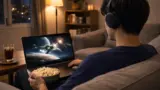 夜のリビングでヘッドホンを付けた若い日本人男性がソファに座り、膝の上のノートPCで宇宙のSF映画を見ながらポップコーンのボウルを持ち、横のテーブルに氷入りの飲み物と間接照明、奥に本棚と窓の夜景がある落ち着いた雰囲気