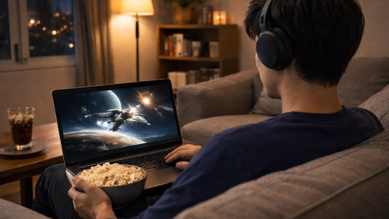 夜のリビングでヘッドホンを付けた若い日本人男性がソファに座り、膝の上のノートPCで宇宙のSF映画を見ながらポップコーンのボウルを持ち、横のテーブルに氷入りの飲み物と間接照明、奥に本棚と窓の夜景がある落ち着いた雰囲気