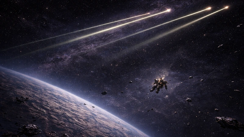 暗い宇宙空間の星々と淡い天の川を背景に、画面中央で小さなモビルスーツの残骸が静かに漂い機体の割れ目から煙と火花がにじみ、周囲には細かな破片が散らばって下側には薄明るい惑星の曲面が広がり、遠くの上空を三本の淡いビームが斜めに走る哀愁の光景