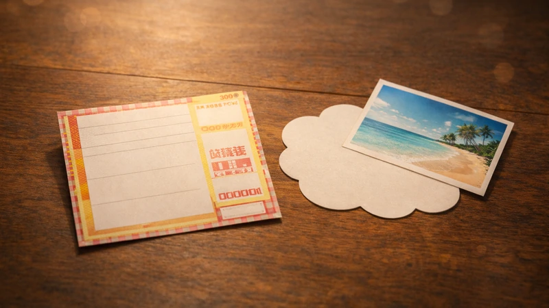 暖かい光が差す木目の机の上に文字のない宝くじ券が置かれ、雲形の白いメモ紙の端に青い海とヤシの木の写真が差し込まれている落ち着いた手元の光景