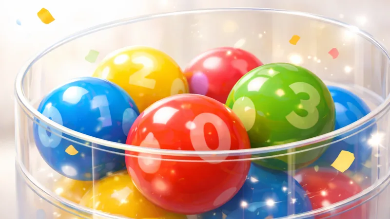 透明なケースにカラフルで艶のある抽せんボールがぎゅっと入っており、周囲に小さな紙吹雪ときらめきが漂う明るい背景