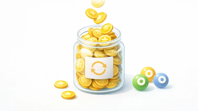 白い背景の中央に、丸い循環矢印のアイコンが付いた透明な瓶があり金貨があふれ、上からも金貨が流れ落ちて繰り越しを連想させ、横に数字の代わりに小さな点だけが付いた球体が並ぶ明るい等角図風イラスト