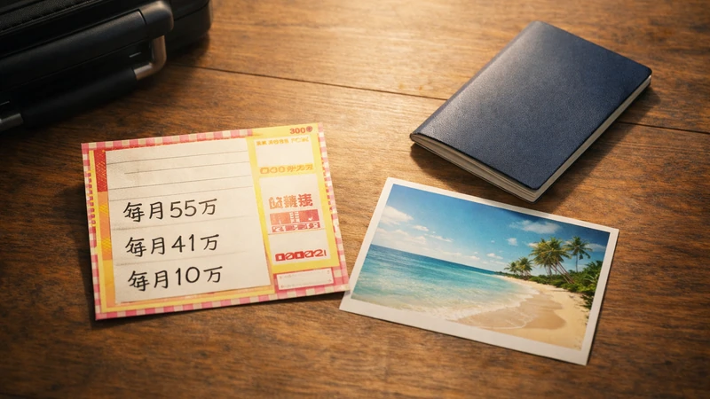 暖かい日差しが差す木目の机の上に文字のない宝くじ券と青いパスポート風の小冊子が置かれ左上にスーツケースの取っ手が見えヤシの木と青い海のポストカードが添えられた俯瞰の机上風景