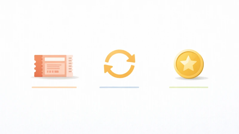 白い背景に、左から宝くじ券の束、キャリーオーバーを示す円形の矢印、ポイントを示す星入りコインの大きなアイコンが横一列に並び、各アイコンの下に細い区切り線だけが引かれた余白たっぷりのミニマル図解