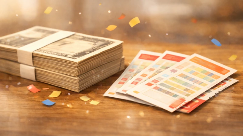 木目のテーブルに札束と宝くじ券が並び、背景の暖色ぼけと紙吹雪が高額当せんの期待感を演出する情景