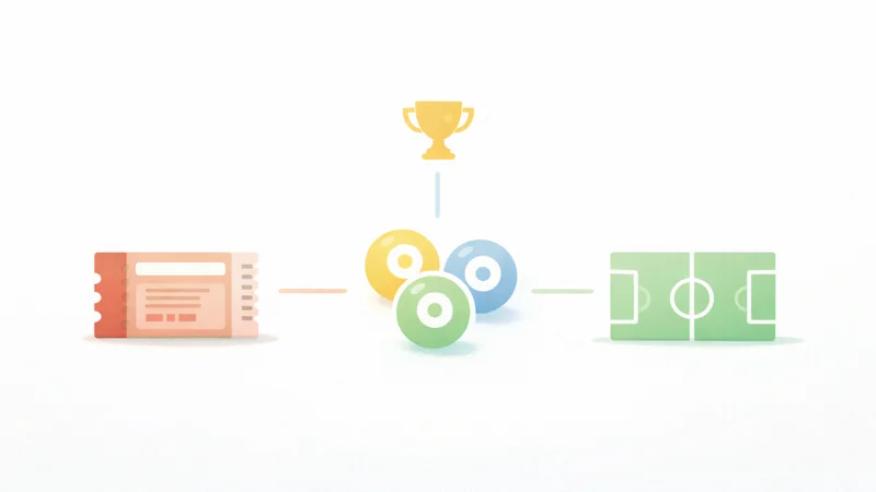 白い背景のミニマルな比較ボードに、宝くじ券・数字ボール・サッカーフィールドのシンプルなアイコンが横一列に並び細い線でつながれ、片隅に高額当せんを示す小さなトロフィーのシルエットが添えられた、淡いパステルアクセントと余白多めのフラットイラスト