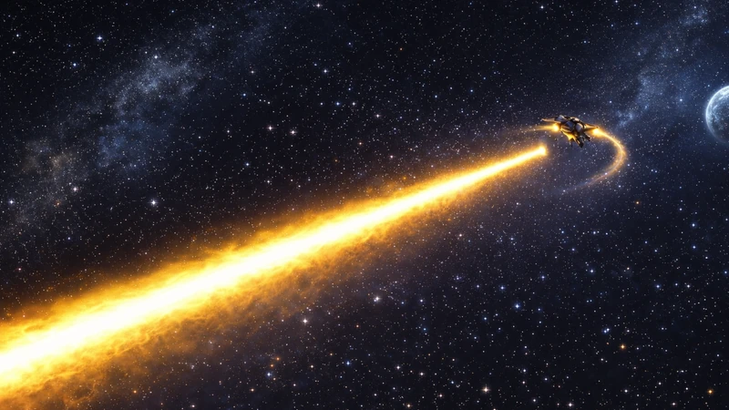 星が密集する宇宙空間と薄い天の川を背景に、太い黄色のビームが斜めに走る手前をかすめ、遠景のモビルアーマーが推進炎の軌跡を描きながら大きく旋回して回避している場面