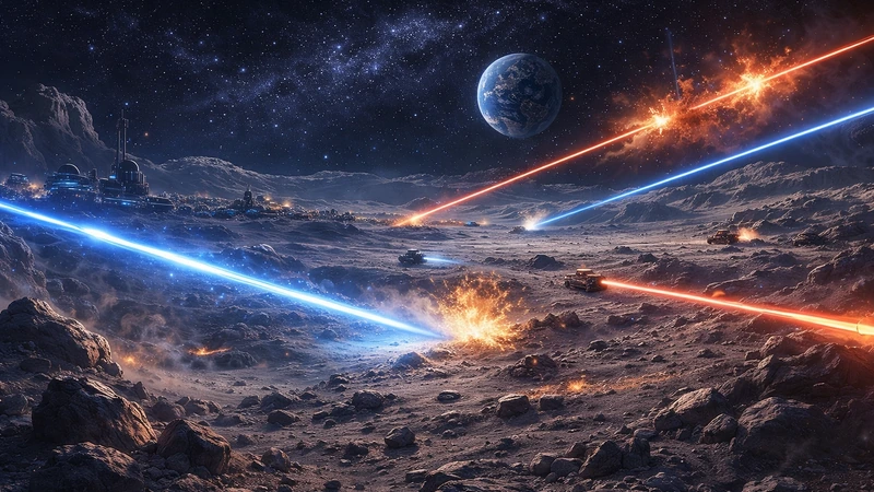 星空の下の月面の荒れ地に基地の灯りが点在し、地平線には青い地球が浮かぶ中、赤と青のビームが交差して爆発の火花と砂煙が舞い上がる戦闘光景