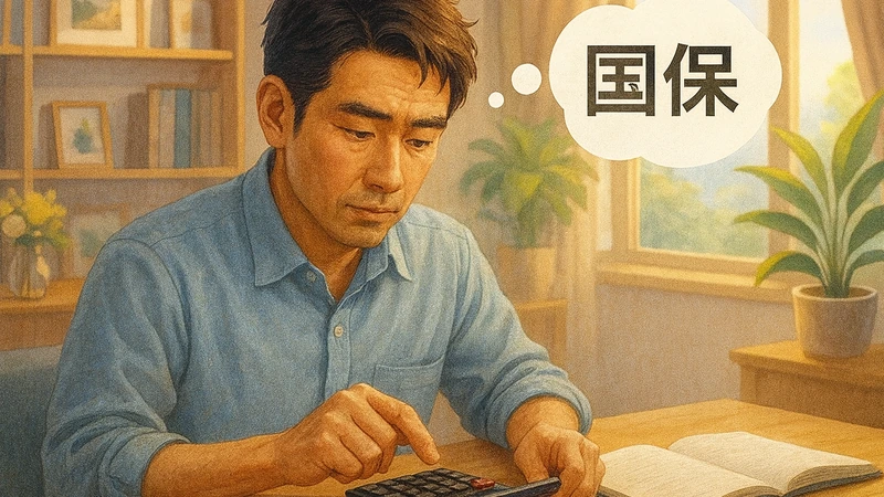 日差しの差し込む部屋の木のテーブルでイケメンの中年日本人男性が電卓を指でたたき、横に開いたノートとペンを置きながら計算に集中し、吹き出しに「国保」の文字が浮かぶ様子、背後に本棚とカーテンのかかった窓と観葉植物があるリアル寄りのデジタルイラスト