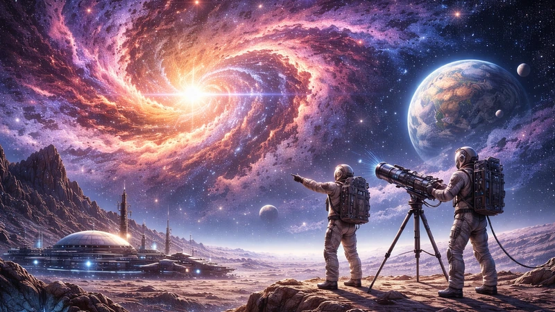 岩だらけの異星の地表に2人の宇宙飛行士が立ち、片方が三脚の大型望遠鏡をのぞきもう片方が渦を巻いて輝く巨大な星雲を指さし、遠景には研究基地のドームと機体が横たわり、空には青い惑星と複数の衛星が浮かぶ宇宙空間