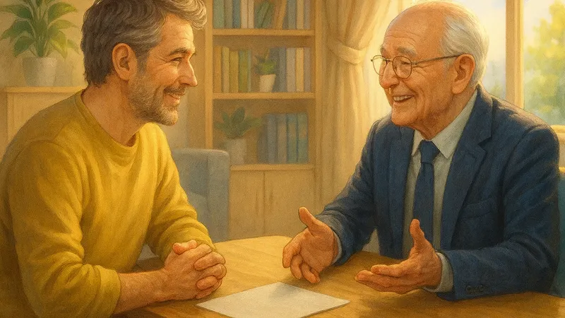 明るいオフィスで私服の中年男性とスーツ姿のおじいさんが机を挟んで向かい合い、机の上の白い紙を前に笑顔で話している様子