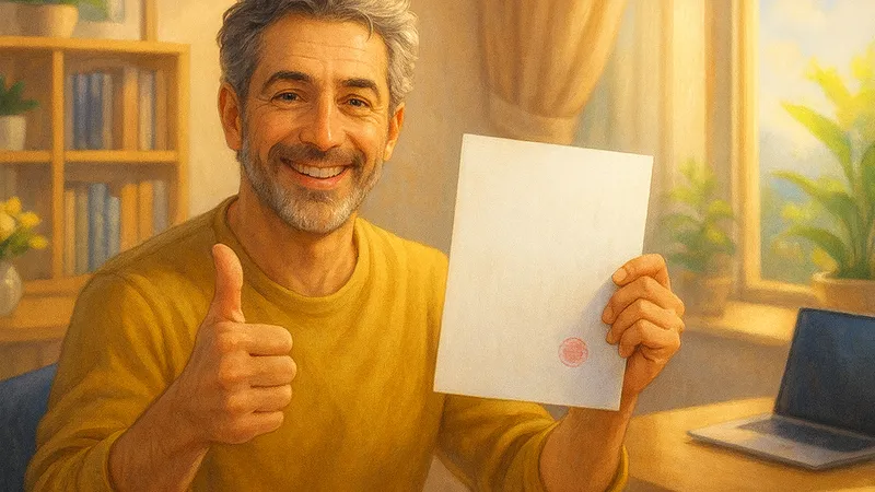 明るいオフィスで私服の中年男性が赤い小さなハンコが押された白い紙を片手に持ち、もう片方の手で親指を立てて笑顔を向けている様子