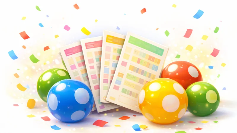 白い背景にカラフルな紙吹雪と淡い光のきらめきが舞い、扇状に並んだ宝くじ券の前に光沢のある抽せん球が転がるワクワクした構図