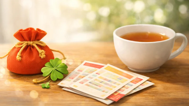 木目のテーブルに白いカップの紅茶と宝くじ券が数枚置かれ、赤い巾着と四つ葉のクローバーのチャームが並ぶ、背景は日差しと緑がふんわりボケた明るい雰囲気