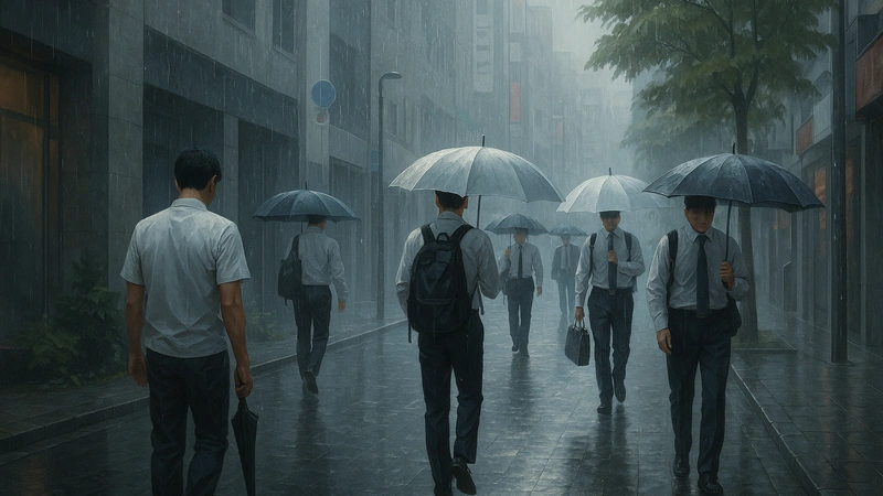土砂降りの朝、濡れた石畳のような路面が光る細いオフィス街の通りを、白いワイシャツに黒いズボン姿のサラリーマンたちがそれぞれ傘を差して無言で歩いていき、左右には無機質なビルとわずかな植栽や街路樹が並び、遠くまで灰色の雨と靄に包まれている情景