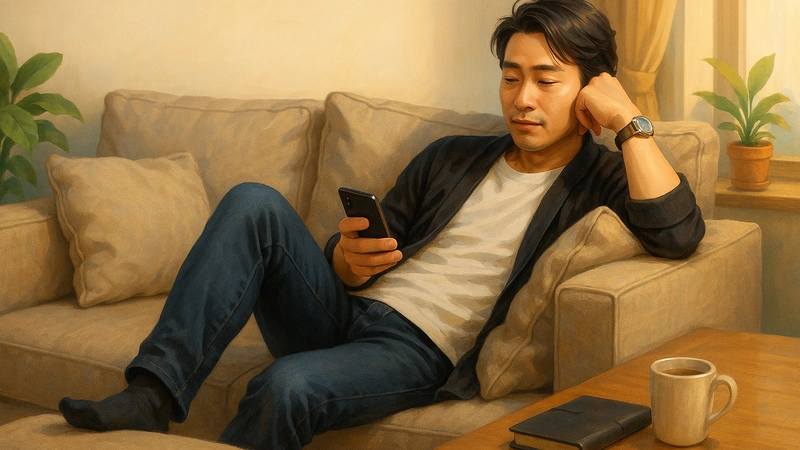 ベージュの大きなソファに片足を投げ出してもたれかかりながらスマホを眺めるカジュアルな服装の男性が、木製テーブルの上のマグカップと手帳、窓際の観葉植物とやわらかな室内灯に包まれてのんびり寛いでいる様子