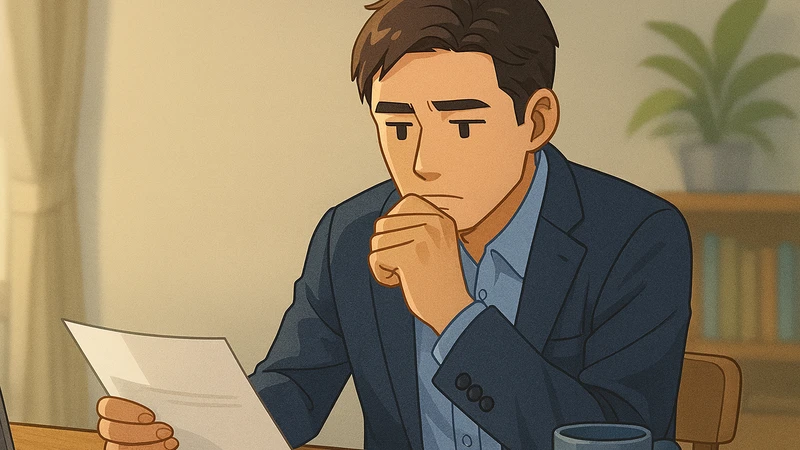 退職前に住民税の書類らしき紙を見つめながら、自宅のテーブルで手元の電卓とマグカップに囲まれて考え込む表情のスーツ姿の中年男性が描かれている。