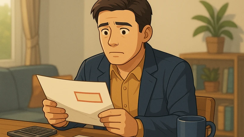 退職後に届いた住民税の納付書らしき封筒を両手で持ち、不安そうな表情で見つめるスーツ姿の中年男性が、リビングのテーブルで電卓とマグカップを前に座っている様子。