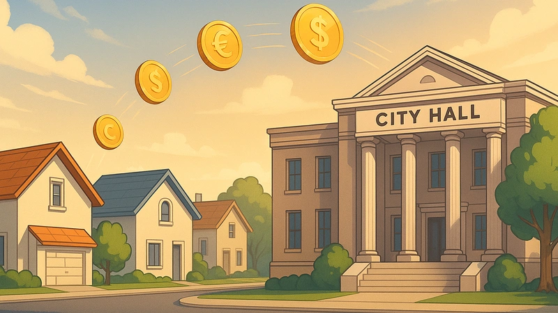 左側に家が並ぶ住宅街、右側に役所の建物が描かれ、家々から金色のコインが弧を描いて役所へ流れていく様子を表した画像。