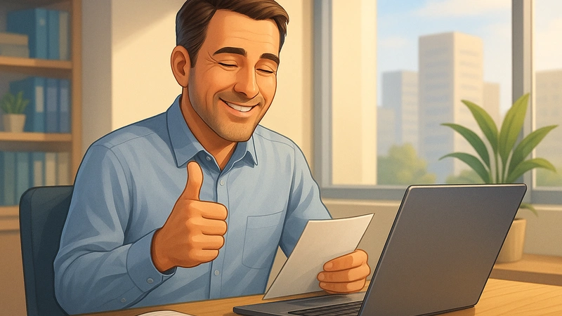 オフィスのデスクでノートパソコンの画面を見ながら片手で親指を立て、もう片方の手に紙を持って満足そうに笑っている中年男性が描かれている画像。